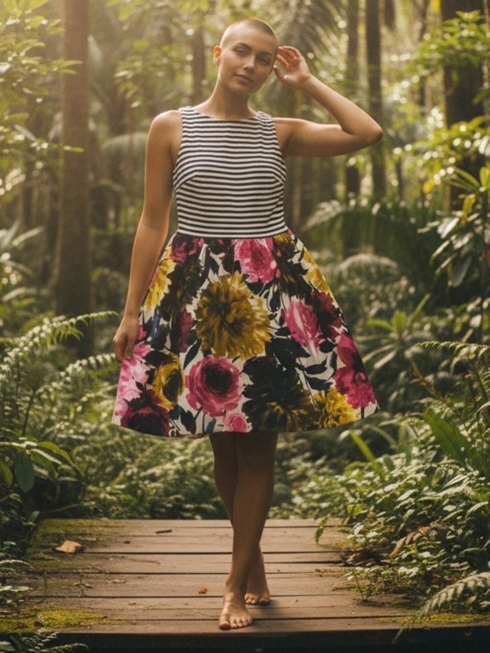 Taylor Striped Bodice Floral Circle Skirt in Black, White, Pink & Yellow